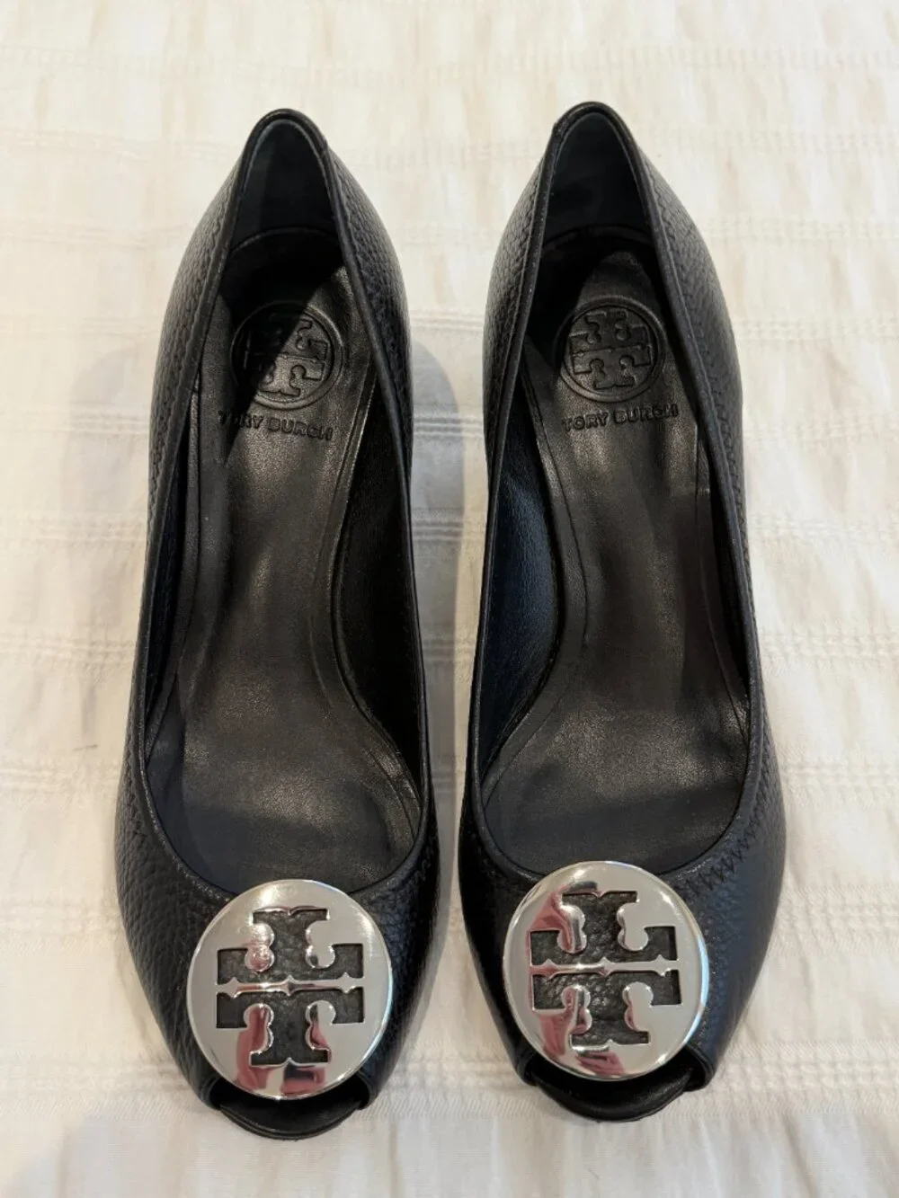 Tory Burch Sally Peep-Toe Leather Wedge Pumps Black Size 8M